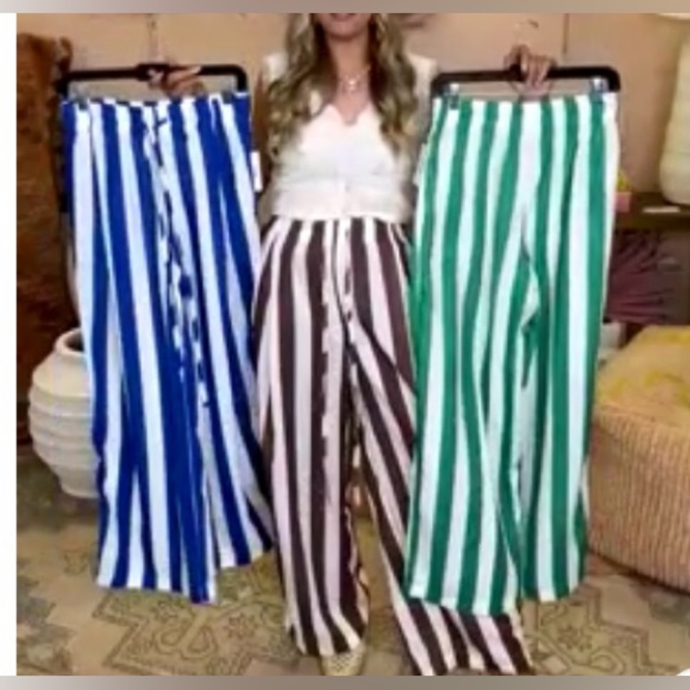 NWT Urban Daizy Blue/White Striped Linen  Wide-Leg Pants. - Picture 5 of 7